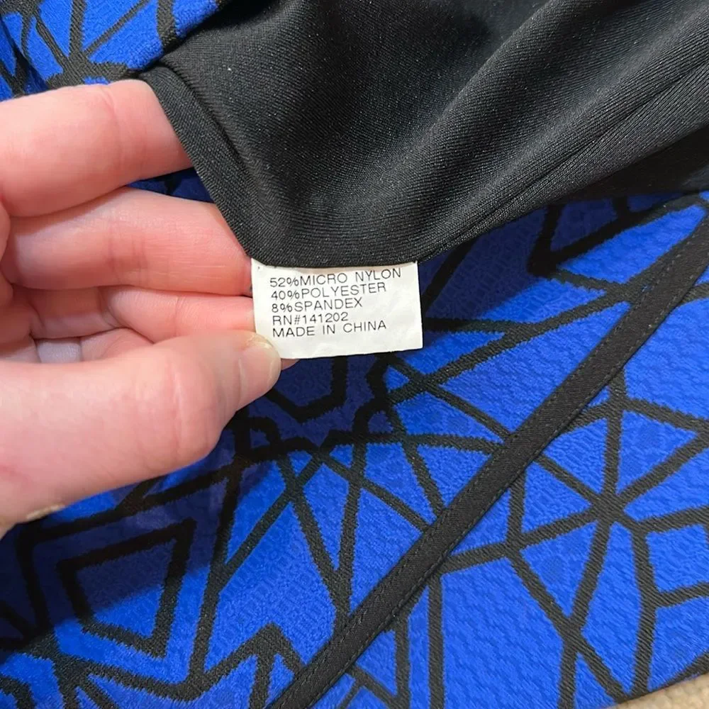 Lotus Threads New York Blue Black Geometric Stretch Bodycon Mini Dress Small